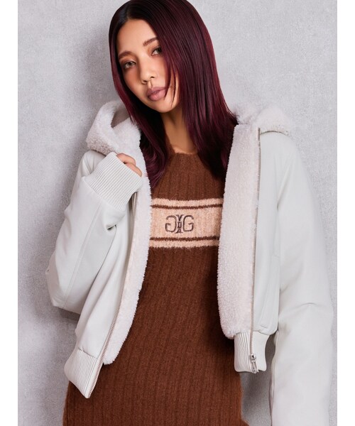 GYDA（ジェイダ）の「Hoodie Fake Leatherコート（ダウンジャケット/コート・レディース・アイボリー/ブラック/ミックス・F）」の4枚目の写真