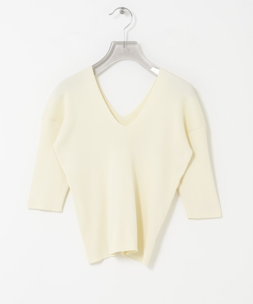 URBAN RESEARCH(アーバンリサーチ)の「Vネックハーフスリーブリブニット(ニット/セーター・レディース・IVORY/KHK BEIGE/NAVY・Free)」の1枚目の写真