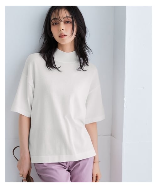 nissen（ニッセン）の「【アイスクリーンプレミアム】ハイネック5分袖ニットトップス（持続冷感・接触冷感・毛玉になりにくい・UVカット・洗濯機で洗える・遮熱）＜大きいサイズ有＞（ニット/セーター・レディース・黒/杢グレー/オフホワイト/モカベージュ/ビビットブルー/レモンイエロー・S/M/L/LL/3L/4L/5L/6L/8L/10L）」の3枚目の写真