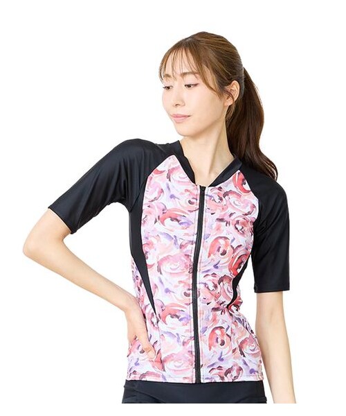 nissen（ニッセン）の「上下別売りフィットネス補整水着トップス　半袖（MU013・MU014）（水着・メンズ・ブラック×パープル/ネイビープリント/ブラック×ピンク/モダンフラワー/ピンク/グリーン/ピンク系・S/M/L/LL/3L/4L/5L/6L/8L/10L）」の7枚目の写真