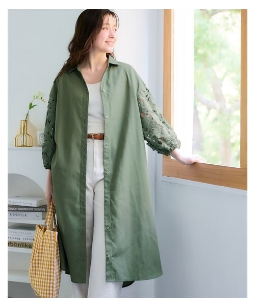 nissen（ニッセン）の「＜大きいサイズ＞ふんわりレース袖シャツワンピース（ワンピース・レディース・オフホワイト/カーキ/黒・L~LL/3L~4L/5L~6L/8L/10L）」の3枚目の写真