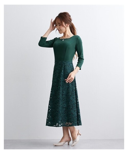 nissen（ニッセン）の「【大きい胸専用】7分袖レース切り替えドッキングワンピース（ワンピース・レディース・ブラック/ディープグリーン・FM/FL/FLL）」の3枚目の写真