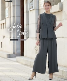 Jolie et Jolie | 【結婚式・パーティードレス】カシュクールペプラムブラウス+パンツセットアップ<大きいサイズ有>(パンツドレス)