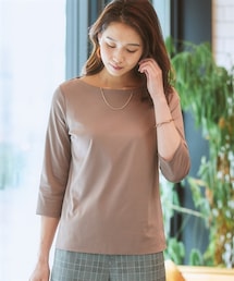 nissen | 綿１００％ダブルフロントカットソーボートネック７分袖トップス(Tシャツ/カットソー)