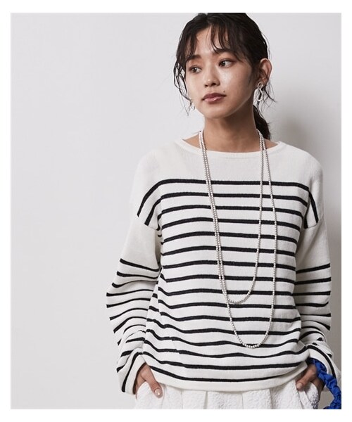 nissen（ニッセン）の「大きいサイズ ラメボーダーショートニット シックスタイル（ニット/セーター・レディース・オフホワイト×ネイビーラメボーダー/ネイビー×シルバーラメボーダー・L/LL/3L/4L/5L/6L/8L/10L）」の7枚目の写真