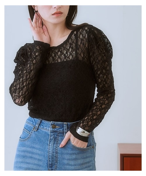 nissen（ニッセン）の「ボリューム袖カットソーレースシアートップス＜大きいサイズ有＞（Tシャツ/カットソー・レディース・アイボリー/黒・S/M/L/LL/3L）」の9枚目の写真