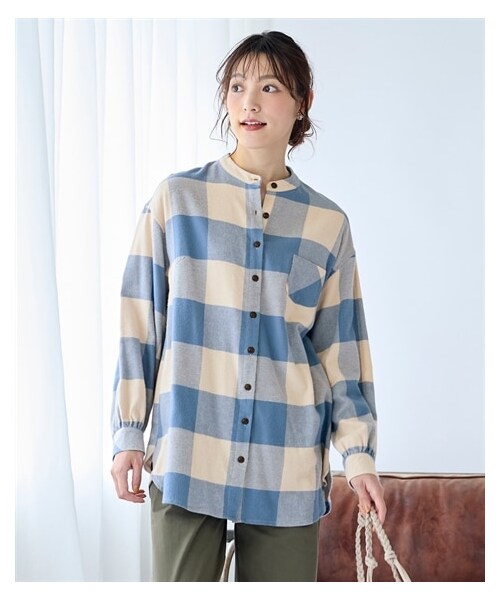 nissen（ニッセン）の「大きいサイズ 吸湿発熱あたたかゆるシルエットバンドカラーネルシャツ（シャツ/ブラウス・レディース・サックス系チェック/ピンク系チェック/黒系チェック・L/LL/3L/4L/5L/6L/8L/10L）」の18枚目の写真