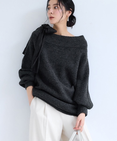 VIS(ビス)の「肩リボンミニ丈ニットワンピース/2WAY(ワンピース・レディース・グレー/キナリ/ブルー系・F)」の14枚目の写真
