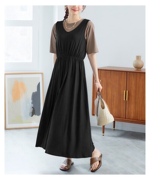 nissen（ニッセン）の「リブカットソーロング丈フレアワンピース（ワンピース・レディース・黒/ダークグレー/パープリッシュピンク/スモーキーブルー・L/LL/3L/4L/5L/6L/8L/10L）」の10枚目の写真