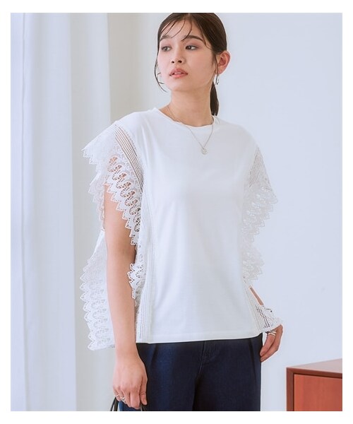 nissen（ニッセン）の「袖レースカットソートップス（Tシャツ/カットソー・レディース・オフホワイト/黒・S/M/L/LL）」の12枚目の写真
