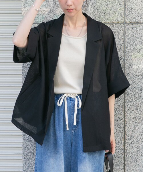 ITEMS URBANRESEARCH(アイテムズ アーバンリサーチ)の「メッシュ半袖ジャケット(テーラードジャケット・レディース・BLK/BEG・Free)」の4枚目の写真
