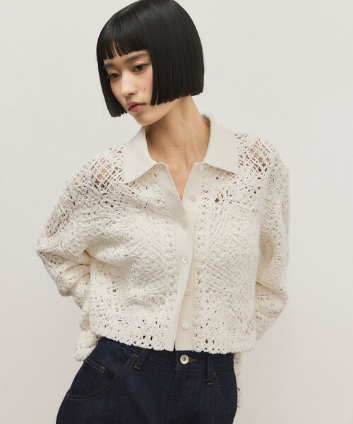 ADAM ET ROPE'(アダムエロペ)の「コードレースパターンニットシャツ(シャツ/ブラウス・レディース・ブラック/オフホワイト・F)」の8枚目の写真