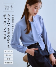 nissen | ストレッチパウダーサテンボウタイブラウス（しわになりにくい・速乾・洗濯機OK・UVカット）(シャツ/ブラウス)