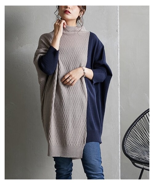 nissen（ニッセン）の「配色デザインプチハイネックロング丈ニット [Soiunique]（ニット/セーター・レディース・キャメル×ネイビー/ブラック×オフベージュ/杢グレー×アイボリー/グレージュ×ネイビー/ソフトグリーン×アイボリー/杢チャコール×黒/アイボリー×グレージュ・Y(M-LL)/S~LL）」の4枚目の写真