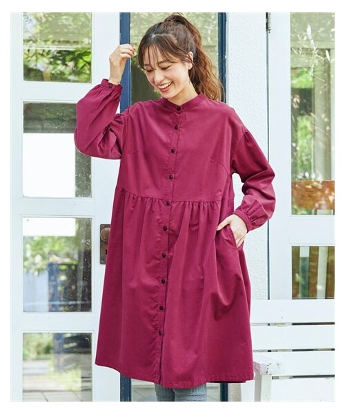 nissen（ニッセン）の「大きいサイズ 綿１００％コーディロイバンドカラーゆるシャツワンピース（ワンピース・レディース・ラズベリー/ブラウン/黒・L/LL/3L/4L/5L/6L/8L/10L）」の22枚目の写真