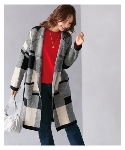 nissen（ニッセン）の「チェック柄ニットコート＜大きいサイズ有＞（ジャケット/アウター・レディース・黒系チェック/グレー系チェック・×(ドロップ)S~M/L~LL相当/3L~4L相当/5L~6L相当/8L相当/10L相当）」の5枚目の写真