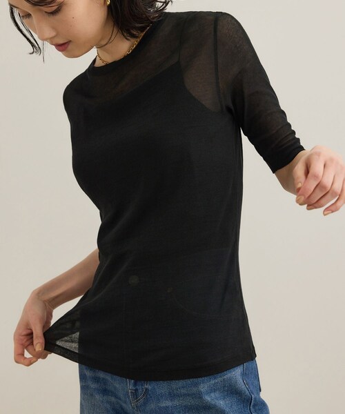 ROPE'(ロペ)の「シアーフライス5分袖プルオーバー(Tシャツ/カットソー・レディース・ブラック/ホワイト・F)」の2枚目の写真
