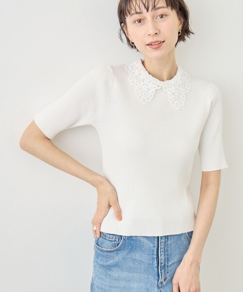 ROPE' PICNIC(ロペピクニック)の「レースカラーハーフスリーブリブニット(ニット/セーター・レディース・ライトグレー/オフホワイト/ネイビー・M/S)」の19枚目の写真
