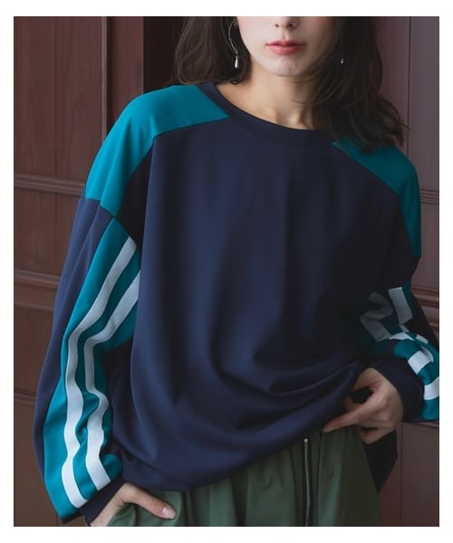 nissen（ニッセン）の「肉厚ポンチ素材ライン使いプルオーバー ［Soiunique］（Tシャツ/カットソー・レディース・ネイビー系/オフホワイト系・1(S-M)/2(L-LL)）」の5枚目の写真
