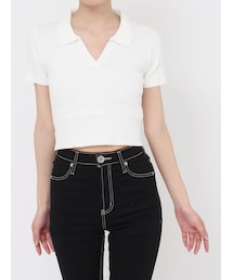 BACK OPENハーフスリーブPOLOニットトップス