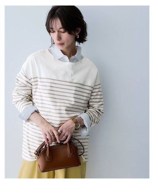 nissen（ニッセン）の「綿１００％スムースパネル風ボーダーカットソートップス＜大きいサイズ有＞（Tシャツ/カットソー・レディース・オフホワイト×ペールブルー/オフホワイト×ベージュ/ライトグレー×オフホワイト/オフホワイト×ネイビー/ネイビー×モカ/オフホワイト×ミルキーピンク/オフホワイト×ミルキーグリーン/マスタード×オフホワイト・S/M/L/LL/3L/4L/5L/6L/8L/10L）」の18枚目の写真