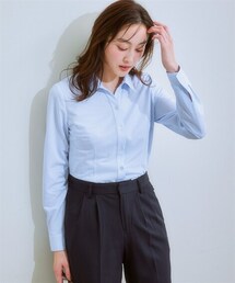 nissen | ストライプ柄カットソー素材長袖シャツ（チラ見え防止ボタン付）(吸汗速乾・形態安定）(シャツ/ブラウス)