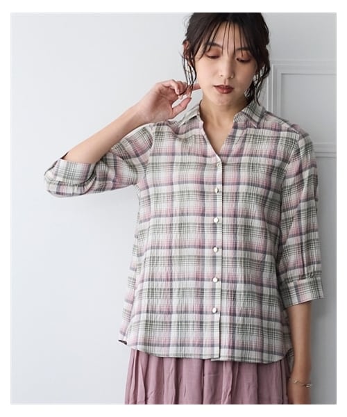 nissen（ニッセン）の「＜大きいサイズ＞シワ加工７分袖お気軽レギュラーシャツ（シャツ/ブラウス・レディース・アイボリーチェック/エメラルドブルーチェック/赤系チェック/千鳥格子/イエローチェック・L/LL/3L/4L/5L/6L/8L/10L）」の14枚目の写真