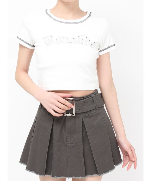 EVRIS（エヴリス）の「スタッズグラフィックショートTシャツ（Tシャツ/カットソー・レディース・ホワイト/ブラック/イエロー・F）」の2枚目の写真