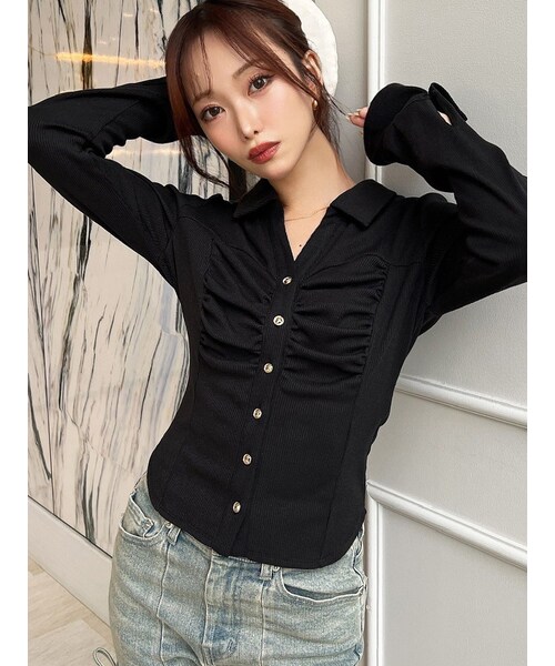 RESEXXY（リゼクシー）の「フロントギャザーリブトップス（Tシャツ/カットソー・レディース・ホワイト/ブラック/ブルー・F）」の2枚目の写真
