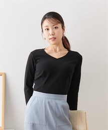 nissen | 【大きい胸専用】美ラインVネック７分袖Tシャツ（綿混ストレッチ素材）(Tシャツ/カットソー)
