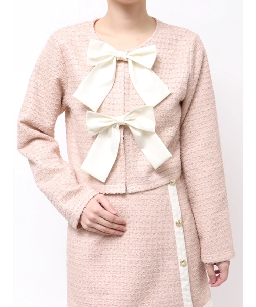 CALNAMUR（カルナムール）の「カットラメツイードリボンジャケット（ノーカラージャケット・レディース・オフホワイト/ブラック/ピンク・F）」の8枚目の写真