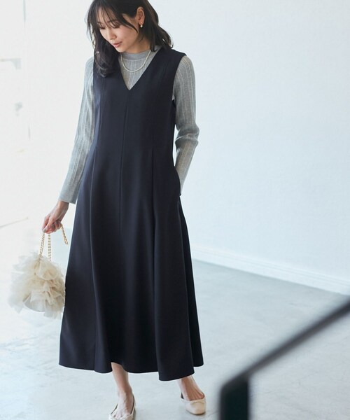 ROPE' PICNIC（ロペピクニック）の「【花粉ガード】クリアツイルジャンパースカート/セレモニー・通勤対応・セットアップ対応（ジャンパースカート・レディース・ライトグレー/キャメル系/ネイビー・36/38）」の5枚目の写真