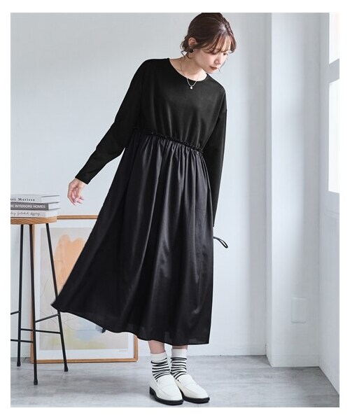 nissen（ニッセン）の「＜大きいサイズ＞異素材コンビドッキングワンピース（ワンピース・レディース・インクブルー/カーキ/オールドローズ/黒・L~LL/3L~4L/5L~6L/8L/10L）」の9枚目の写真