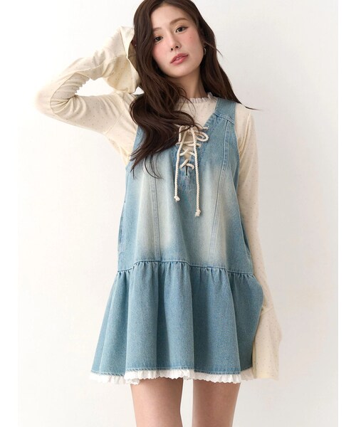 CALNAMUR（カルナムール）の「フロントレースアップデニムワンピース（ワンピース・レディース・ピンク/ブルー・F）」の8枚目の写真