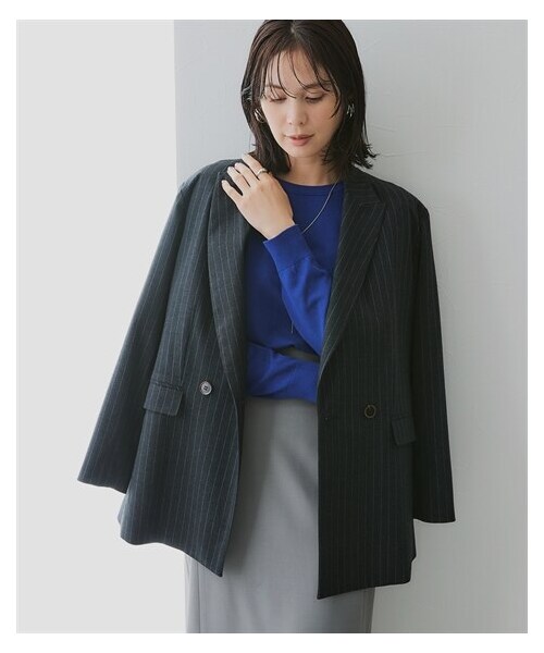 nissen（ニッセン）の「ストライプ柄ウール調ジャコット（オーバーシルエット）<大きいサイズ有>（ジャケット/アウター・レディース・ネイビー/チャコールグレー・S/M/L/LL/3L/4L/5L/6L）」の3枚目の写真
