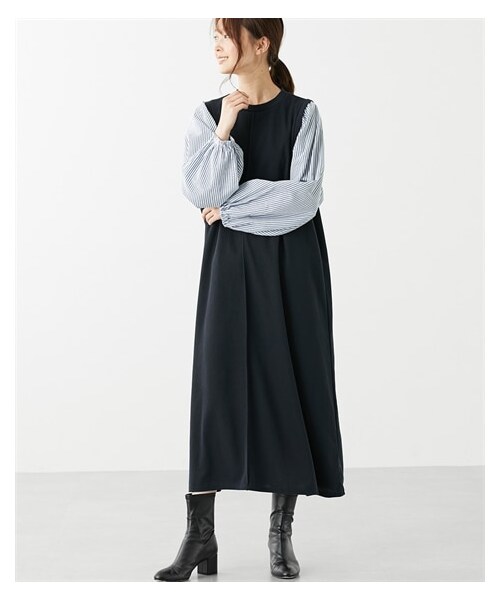 nissen（ニッセン）の「異素材使いボリューム袖カットソーロング丈ワンピース＜大きいサイズ有＞（ワンピース・レディース・チャコール×グレンチェック/黒×ギンガムチェック/ネイビー×ストライプ/黒×黒系花柄/黒×ドット/チャコールグレー×チェック/[ドロップ]ベージュ系×ベージュチェック・S/M/L/LL/3L/4L/5L/6L）」の11枚目の写真