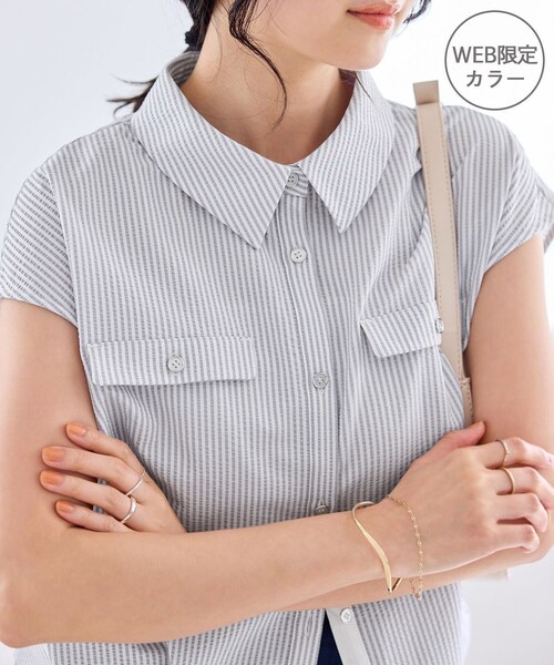 VIS(ビス)の「フレンチスリーブサッカーブラウス/UVケア・WEB限定カラー(シャツ/ブラウス・レディース・ブラック系/グレー/ホワイト/ネイビー/サックス・F)」の8枚目の写真