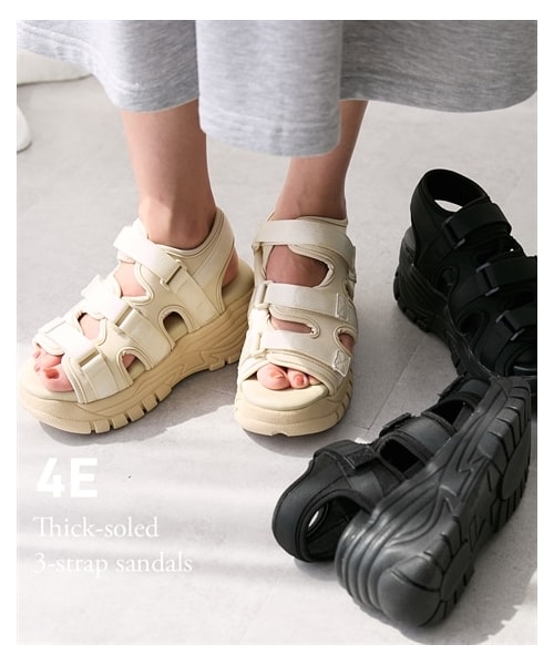 nissen（ニッセン）の「【ゆったり幅広】厚底3本ベルトスポーツサンダル（低反発中敷）（ワイズ４Ｅ）（サンダル・メンズ・【移行済】黒/黒/ベージュ/黒×ホワイト・M=23.0~23.5cm/4E/L=24.0~24.5cm/4E/LL=25.0~25.5cm/4E/3L=26.0~26.5cm/4E）」の3枚目の写真