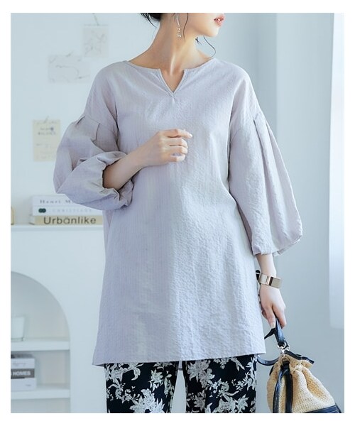 nissen（ニッセン）の「大きいサイズ　涼やか綿混サッカーバルーンスリーブチュニックブラウス（シャツ/ブラウス・レディース・オフホワイト/ライトグレー/黒・L~LL相当/3L~4L相当/5L~6L相当/8L相当/10L相当）」の15枚目の写真