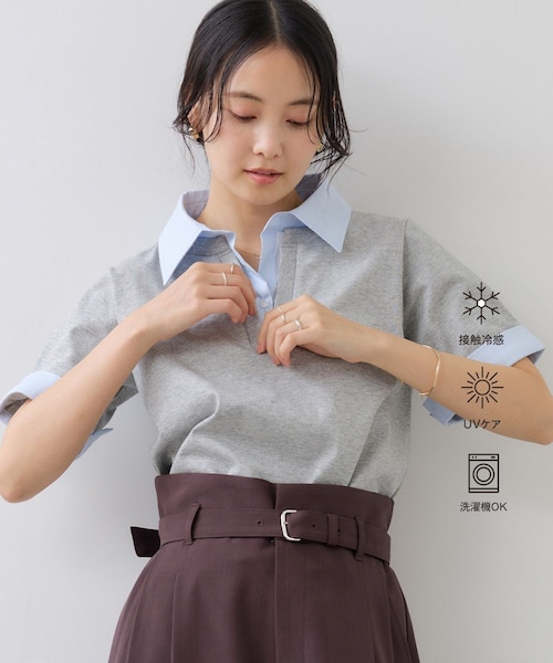 VIS(ビス)の「ICE BEAUTY ドッキング衿ハーフスリーブプルオーバー/UVケア・接触冷感・汗染み防止(Tシャツ/カットソー・レディース・チャコール/ライトグレー/オフホワイト・F)」の3枚目の写真