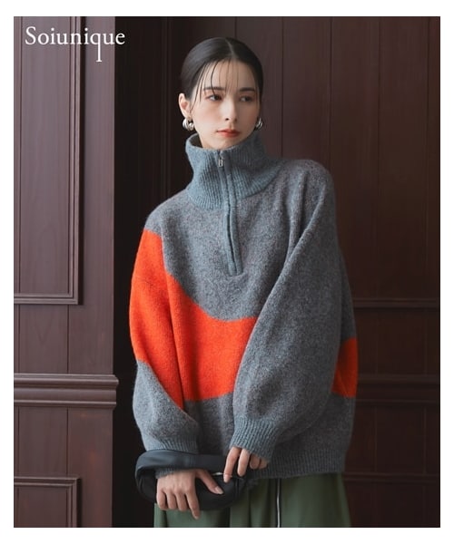 nissen（ニッセン）の「ハーフジップアップ配色ニュアンスデザインニットトップス ［Soiunique］（ニット/セーター・レディース・杢グレー×オレンジ/ネイビー×ライト杢グレー・1(M-L)/2(L-LL)）」の3枚目の写真