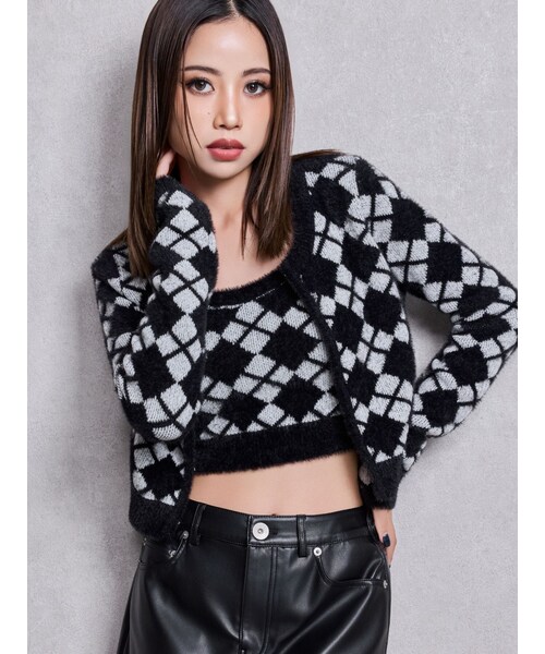 GYDA（ジェイダ）の「Argyll patternミニシャギーニットカーディガン（カーディガン/ボレロ・レディース・オフホワイト/ブラック・F）」の6枚目の写真