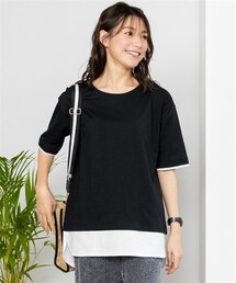 nissen | 大きいサイズ　綿１００％汗染みしにくい５分袖重ね着風オーバーサイズＴシャツ（フェイクレイヤード）(チュニック)