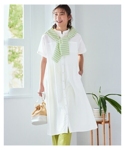 nissen（ニッセン）の「大きいサイズ綿100％ポケットデザインシャツワンピース（ワンピース・レディース・オレンジ/オフホワイト/黒/ピスタチオ・L~LL相当/3L~4L相当/5L~6L相当/8L相当/10L相当）」の5枚目の写真