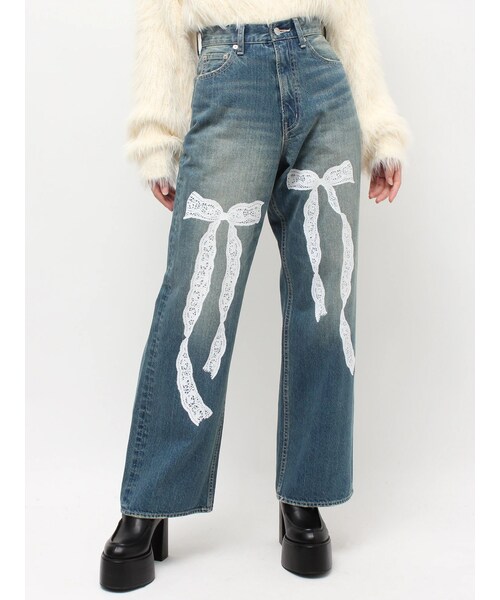 EVRIS（エヴリス）の「リボンレースワイドデニムパンツ（デニムパンツ・レディース・ブルー/インディゴ・S/M）」の5枚目の写真