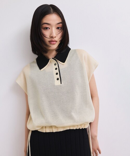 ADAM ET ROPE'(アダムエロペ)の「【WEB限定】ダブルカラーポロニットプルオーバー(ポロシャツ・レディース・ブラック/キナリ系/サックス・F)」の14枚目の写真