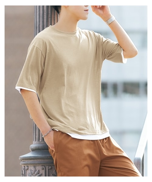 nissen（ニッセン）の「吸汗速乾オーバーサイズ重ね着風５分袖Tシャツ（UVカット加工）（Tシャツ/カットソー・メンズ・ベージュ系/エンジ系/黒系・M/L/LL/3L/4L/5L/6L/8L/10L）」の2枚目の写真