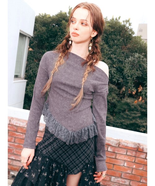 EVRIS（エヴリス）の「レースドッキングアシンメトリートップス（Tシャツ/カットソー・レディース・ホワイト/ブラック・F）」の4枚目の写真