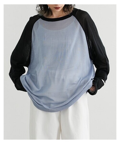 nissen（ニッセン）の「配色ラグランゆったりサイズシアーニット［Soiunique］（ニット/セーター・レディース・ブルー×アイボリー/ブラウン×アイボリー/ブラック×ブルーグレー・S~M/L~LL）」の4枚目の写真