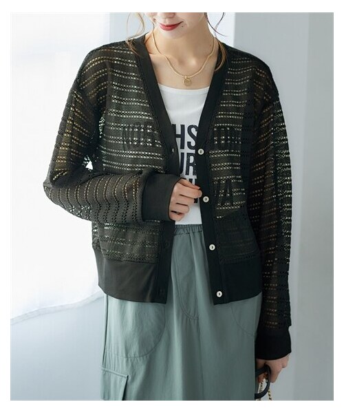 nissen（ニッセン）の「大きいサイズ　透かしジャガードカットソーＶネックカーディガン（カーディガン/ボレロ・レディース・オフホワイト/黒/エクリュ*黒ボーダー・L~LL相当/3L~4L相当/5L~6L相当/8L相当/10L相当）」の3枚目の写真